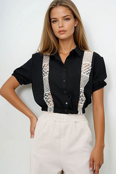 VAGGON Women's Black Aerobin Crop Shirt with Elastic Sleeves and Waist Ribbon Lace Detail Prmx13891