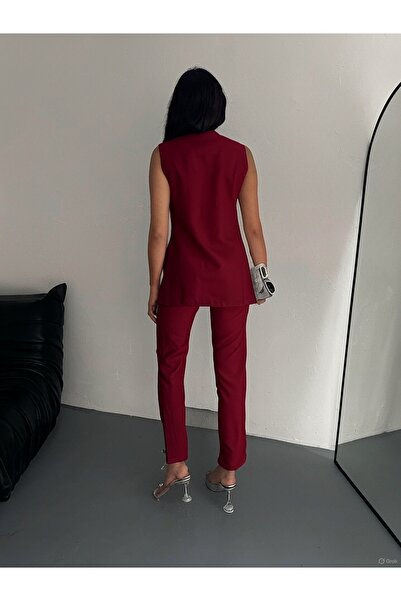 diaves Bordo Bisiklet Yaka Kolsuz Yelek Yüksek Bel Slim Fit Pantolon Double Kumaş İkili Takım