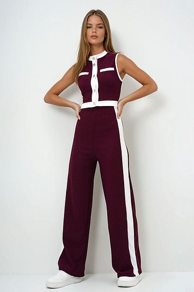 VAGGON Women's Burgundy Stand Collar Metal Button Color Block Crop Blouse and Palazzo Pants Set Prmx13916