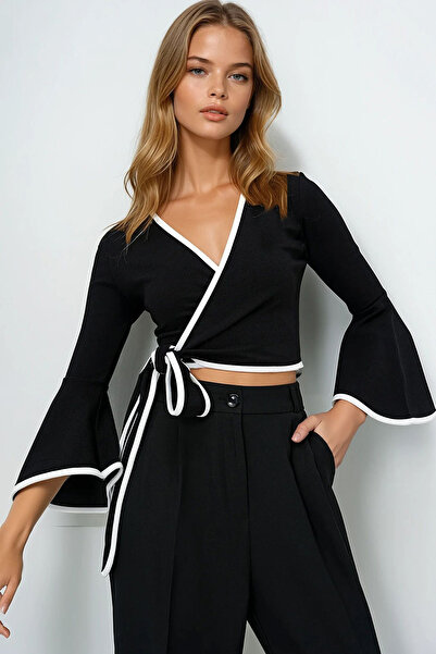 VAGGON Women's Black Spanish Sleeve B Piped Detail Laced K Double-Breasted Blouse Prmx13893