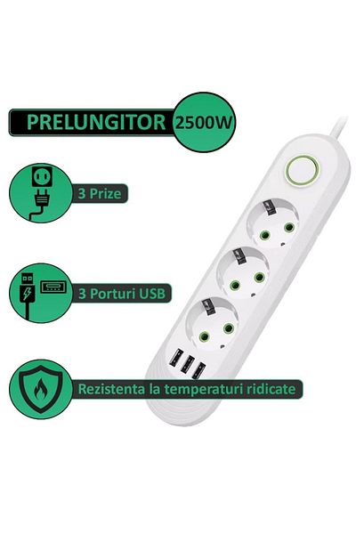 NEXTLY Extension Cord With 3 Sockets And 3 USB Ports, Switch, Hanging Bracket, Durable