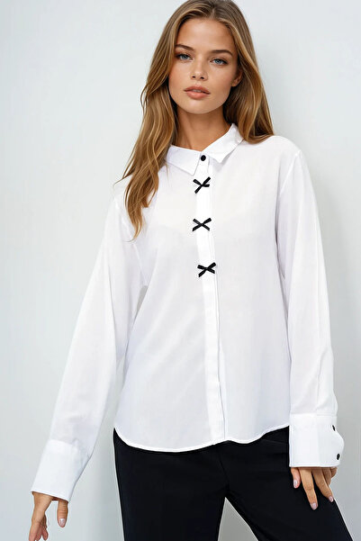 VAGGON Women's White Contrast Buttoned Bow Detailed Hidden Placket Woven Shirt Prmx13880