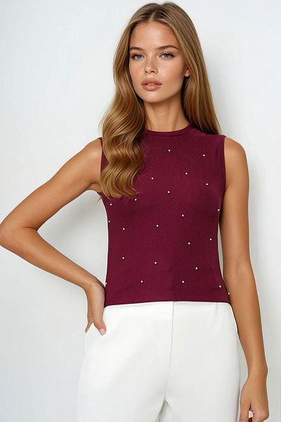 VAGGON Women's Burgundy Crew Neck Pearl Studded Summer Crop Blouse Prmx14113