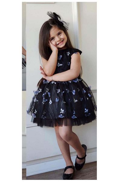 Riccotarz Girl's Black Dress with Ruffle Shoulders and Butterfly Motif Skirt and Tulle