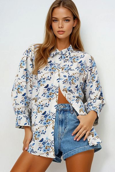 VAGGON Cămașă țesătă Viscon, cu mâneci cu balon, albastru, floral, cu modele Prm0722