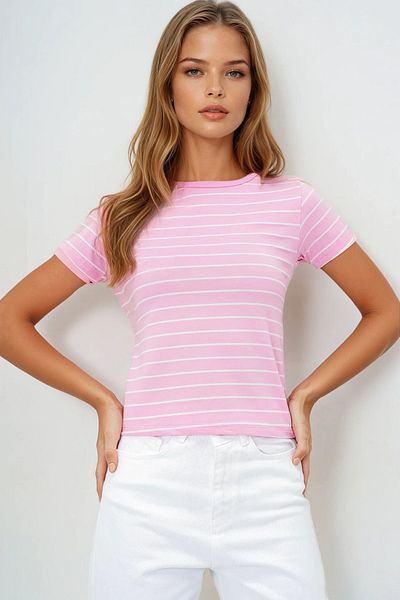 VAGGON Tricou roz pentru femei cu gât crew cu dungi Prmx13919