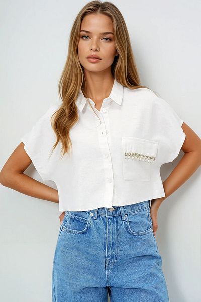VAGGON Women's Vanilla Pearl Embroidery Detailed Crop Linen Shirt Prmx13886