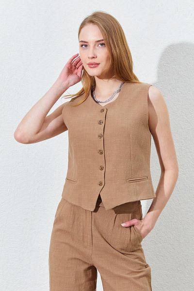 TENA Women's Brown Back Rubber Detailed Pocket Ribbed Linen Vest
