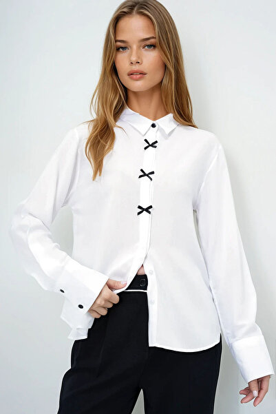 VAGGON Women's White Contrast Buttoned Bow Detailed Hidden Placket Woven Shirt Prmx13880