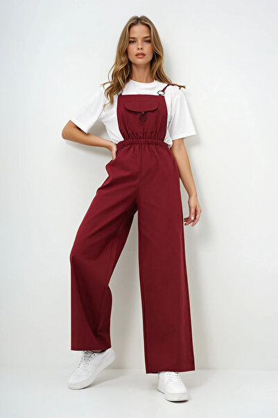 VAGGON Γυναικείο μπορντό μπροστινό λουράκι τσέπης με λεπτομέρεια Aerobin Salopet Παντελόνι Prmx13581