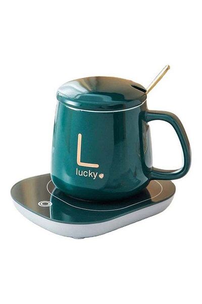 Generic Desktop Coffee Cup Heater With Lid And Gold Spoon, 380.0ml 15.0w Luck 367 Dark Green