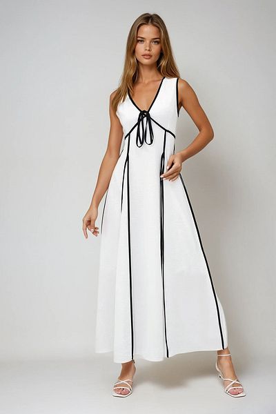 VAGGON Rochie țesătă cu căptușeală, albă, cu decolteu în V, cu detaliu de țevi de contrast Prmx13986