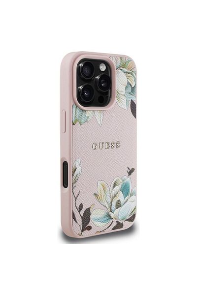 REDz Accessories Husă Guess pentru iPhone 16 Pro Max, compatibilă cu Magsafe, model cu logo clasic cu flori granulate, roz
