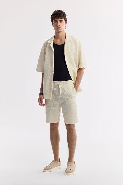 Avva Men's Ecru Elastic Waist Lace up Side Pocket Jacquard Knitted Shorts A51Y3612