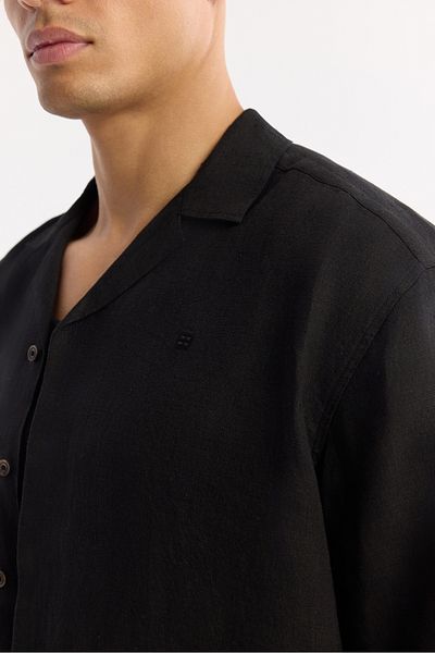 Avva Men's Black Apaj Collar 100% Linen Short Sleeve Relaxed Fit Shirt A51Y2209