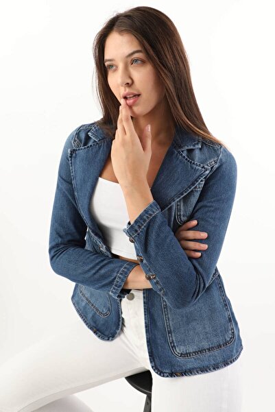 BANNY JEANS Kadın Uzun Kollu Tek Düğmeli Jean Ceket Mavi