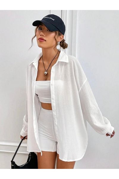 Keywest Cămașă casual țesătă din țesătură înfășurată supradimensionată