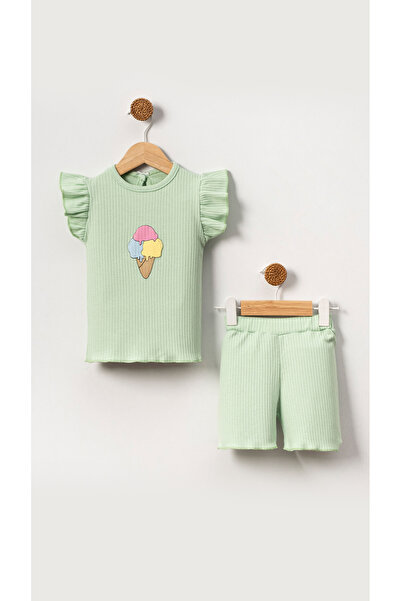 Bubito Green Cotton Baby Girl Shorts Set - Ice Cream Image and Embossed