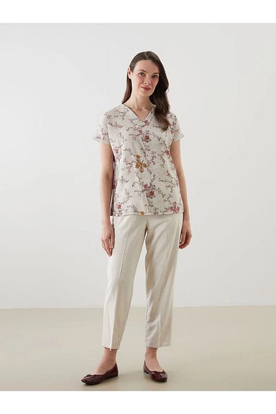 LC Waikiki Bluză de damă LCW Grace Ecru cu decolteu în V floral