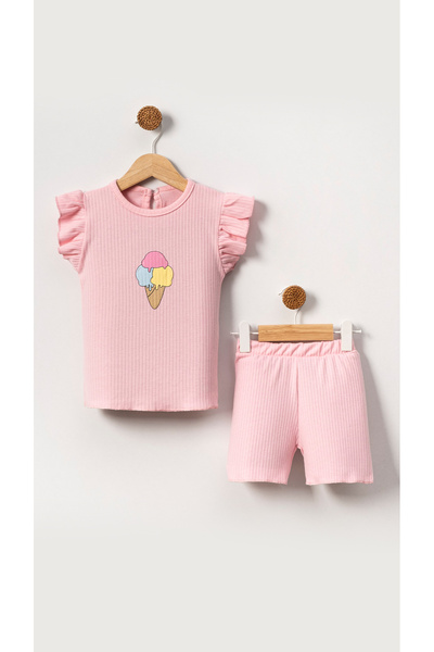 Bubito Pink Embossed Ice Cream Cotton Baby Girl Shorts Set