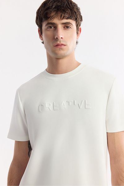 Avva Men's Ecru Crew Neck Printed Bi Stretch Interlock T-Shirt A51Y1131