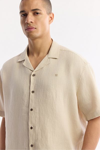Avva Men's Beige Apaj Collar 100% Linen Short Sleeve Relaxed Fit Shirt A51Y2209