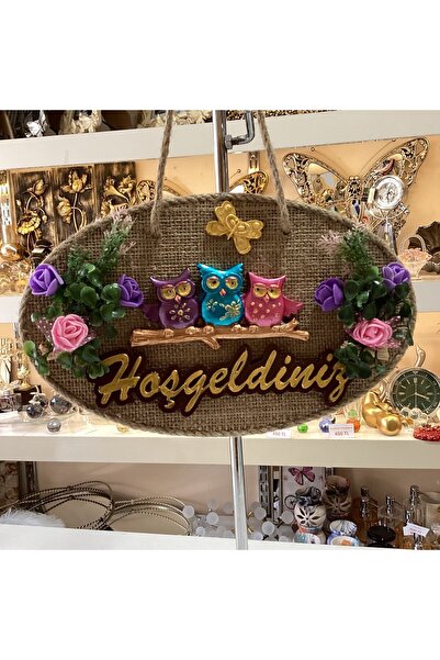 Gold home design Baykuş Desenli Hoşgeldiniz Yazılı Dekoratif Kapı Süsü