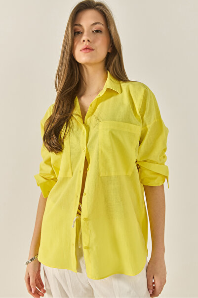 Bianco Lucci Women's Double Pocket Oversize Linen Shirt
