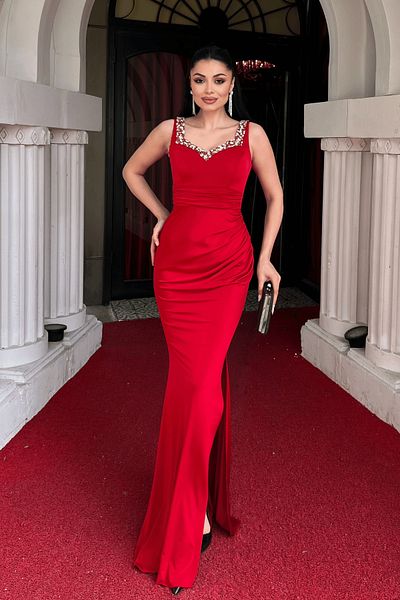 giyimmasalı Jersey Fabric Stone Detailed Evening Dress - Red