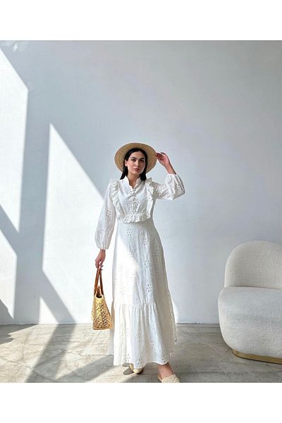 Swan Woman Φόρεμα με κεντητό βολάν με λεπτομέρειες