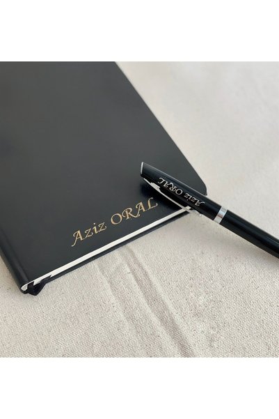 Gift Moda Kişiye Özel Siyah Deri Defter ve Roller Tükenmez Kalem
