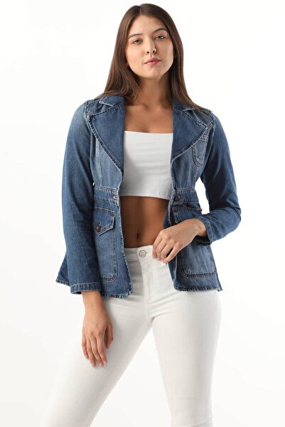 BANNY JEANS Kadın Uzun Kollu Tek Düğmeli Jean Ceket Mavi