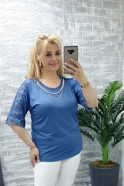 Bİ.GİYSEN Women's Large Size Blue Shoulders Laced Detachable Pearl Necklace Lycra Buluz