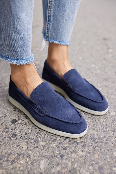 ANGELİNA JONES Amor Women's Navy Blue Real Suet Loafer Shoes