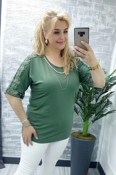 Bİ.GİYSEN Women's Large Size Green Shoulders Laced Detachable Pearl Necklace Lycra Buluz