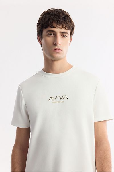 Avva Men's Ecru Crew Neck Hologram Printed Interlock T-Shirt A51Y1006
