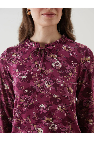 LC Waikiki LCW Grace Mürdüm Bağlamalı Yaka Çiçekli Kadın Bluz