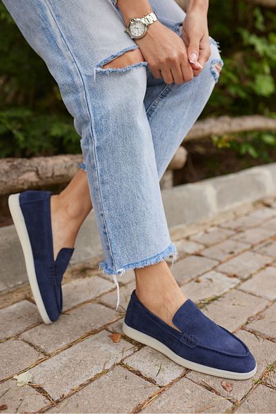 ANGELİNA JONES Amor Women's Navy Blue Real Suet Loafer Shoes
