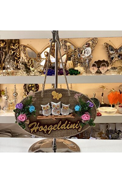 Gold home design Baykuş Ailesi Desenli Hoşgeldiniz Yazılı Dekoratif Kapı Süsü