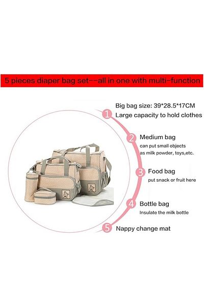 Yelajoy 5-in-1 Set Multi Function Baby Diaper Bag,Water & Dust Proof,with Bottle Bag,Small Lunch,Matt,Khaki