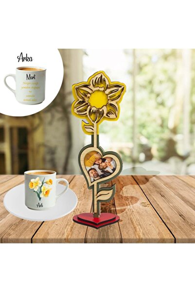 EJOYA Kişiye Özel Fotoğraflı Doğum Ayı Çiçeği Ahşap Biblo ve Türk Kahvesi Fin...