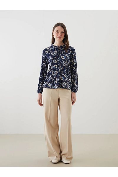 LC Waikiki Γυναικεία μπλούζα LCW Grace Navy Blue με δεμένο γιακά με λουλούδια