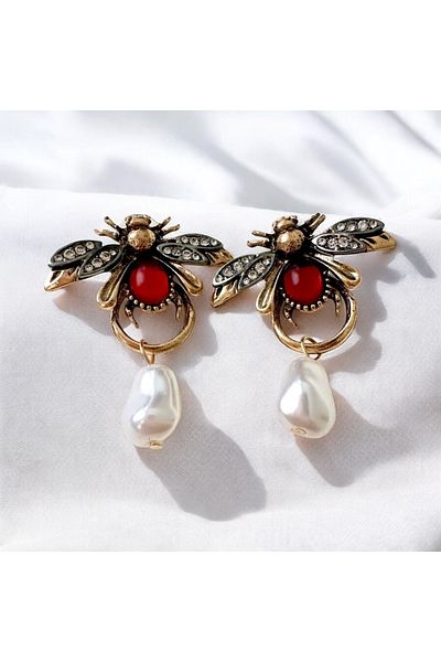ALS Tasarım Dünyası Women's Gold Color Transition Zircon Stone Bee Figured Earrings with Pearl
