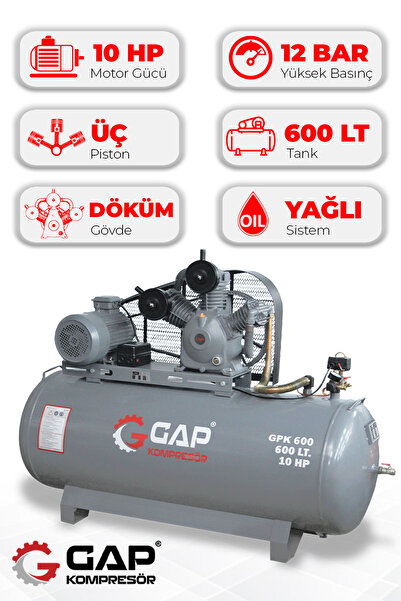 GAP KOMPRESÖR Hava Kompresörü Pistonlu 600 lt 3 Kafa 12 Bar 10 Hp GPK600
