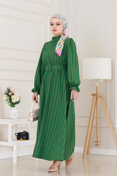 Sevitli Henna Dress with Flounces and Belted Sleeves-Green