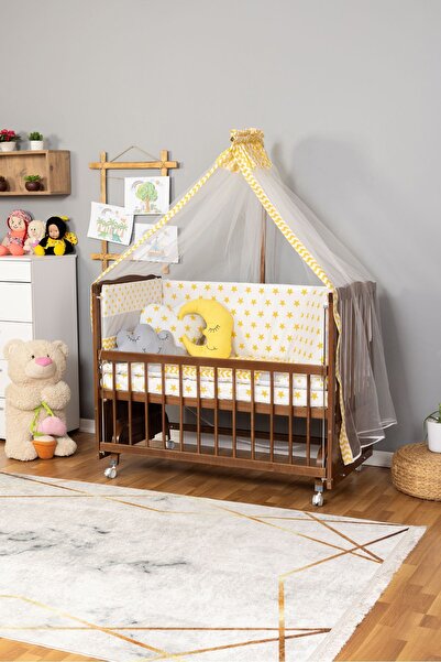 Bamgidoo Anne Yanı Doğal Ahşap Bebek Beşik Ceviz 60x120 Sarı Yıldız Uyku Seti...