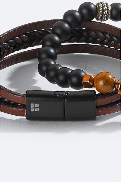 Avva Men's Brown Leather and Stone Bracelet A51Y9610