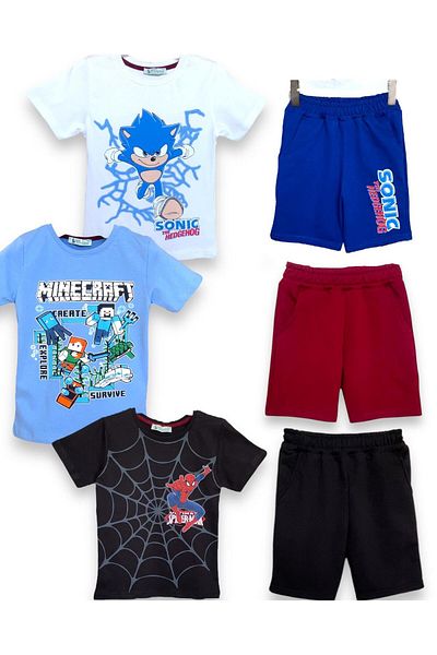 LİTTLE TORTOİSE Sonic-Spider,Man-Minecraft Printed Summer Boys T-Shirt Shorts 3-Piece Set
