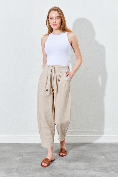 TENA Women's Stone Waist Elastic Carrot Cut Linen Trousers