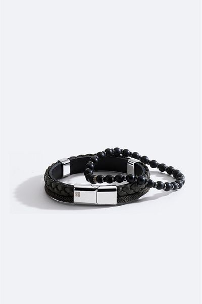 Avva Men's Khaki Leather and Hematite Stone Bracelet A51Y9611